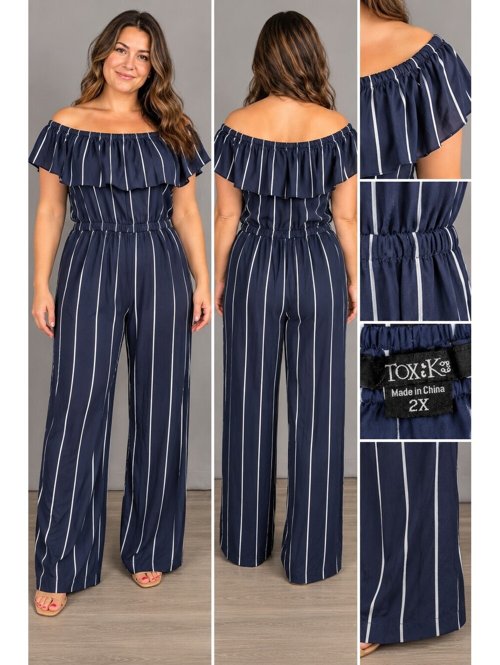 Toxic3 2X Navy White Stripe Off Shoulder Ruffle Wide Leg Jumpsuit